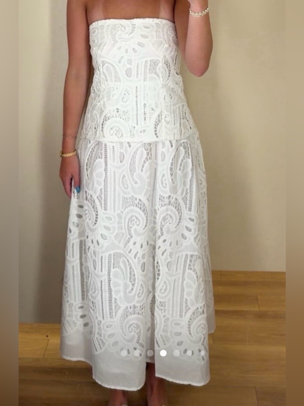NWT dRA Los Angeles White Lace Two-Piece Dress with laser cut florals, size S.